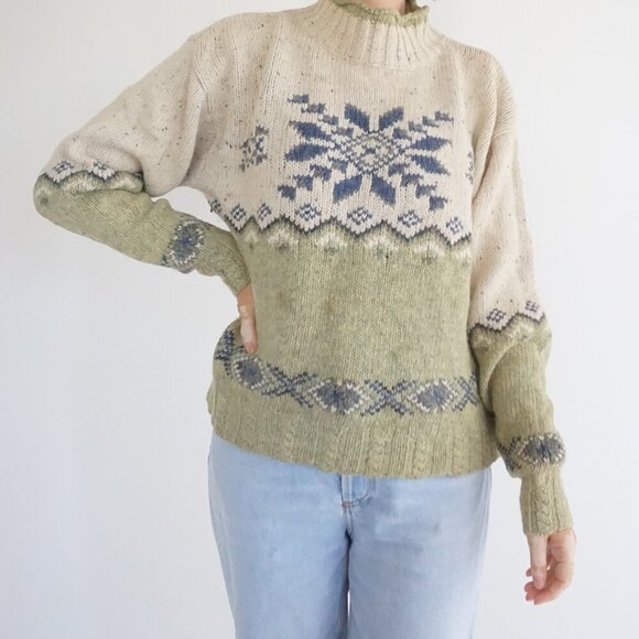 Sweaters - Vintage St Johns Bay Green Cream Fair Isle Snowflake Nordics Wool Knit Sweater L